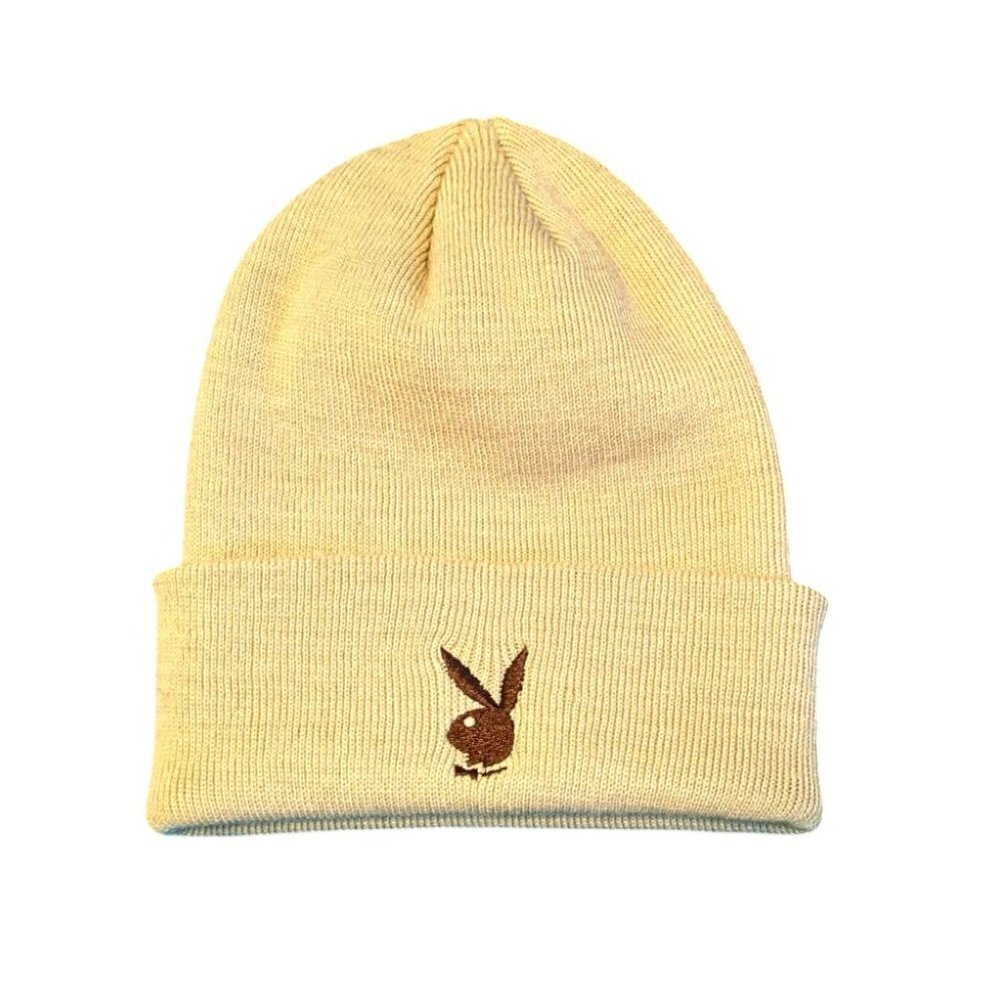 Vintage Playboy Knit Beanie Hat Logo Cuff Beige Tan Brown Unisex - Picture 1 of 4